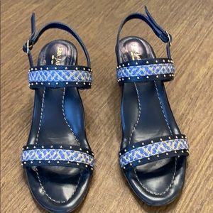 Navy Eric Javits block heel sandal